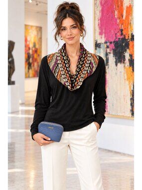 Missoni Small Black Long Sleeve Cowl Neck Multicolor Collar w Blue Chevron Purse